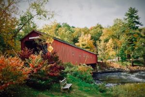 A red covered bridge above a creek surrounded by trees with leaves starting to turn yellow and red. A wooden bench sits in the foreground overlooking the creek.