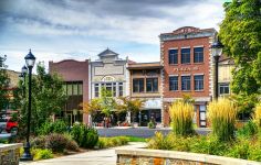 A street view of a row of historic-looking brick buildings of different heights with plants and a walkway in the foreground