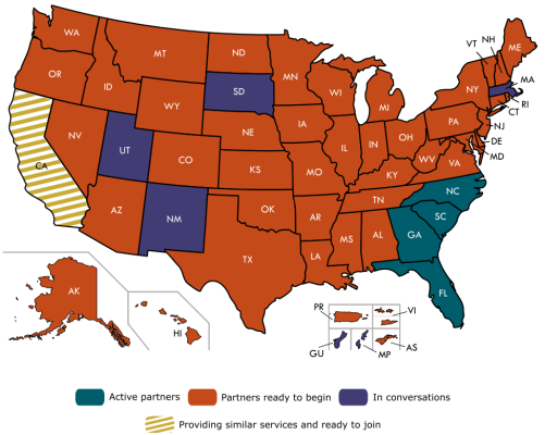 map of the united states color coded to indicate states with active partners, states with partners ready to go, states with partners in conversations